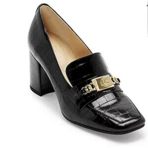 Liz Claiborne Melba Block Heel Chunky Pumps Black Croc Embossed Gold Womens Sz 8